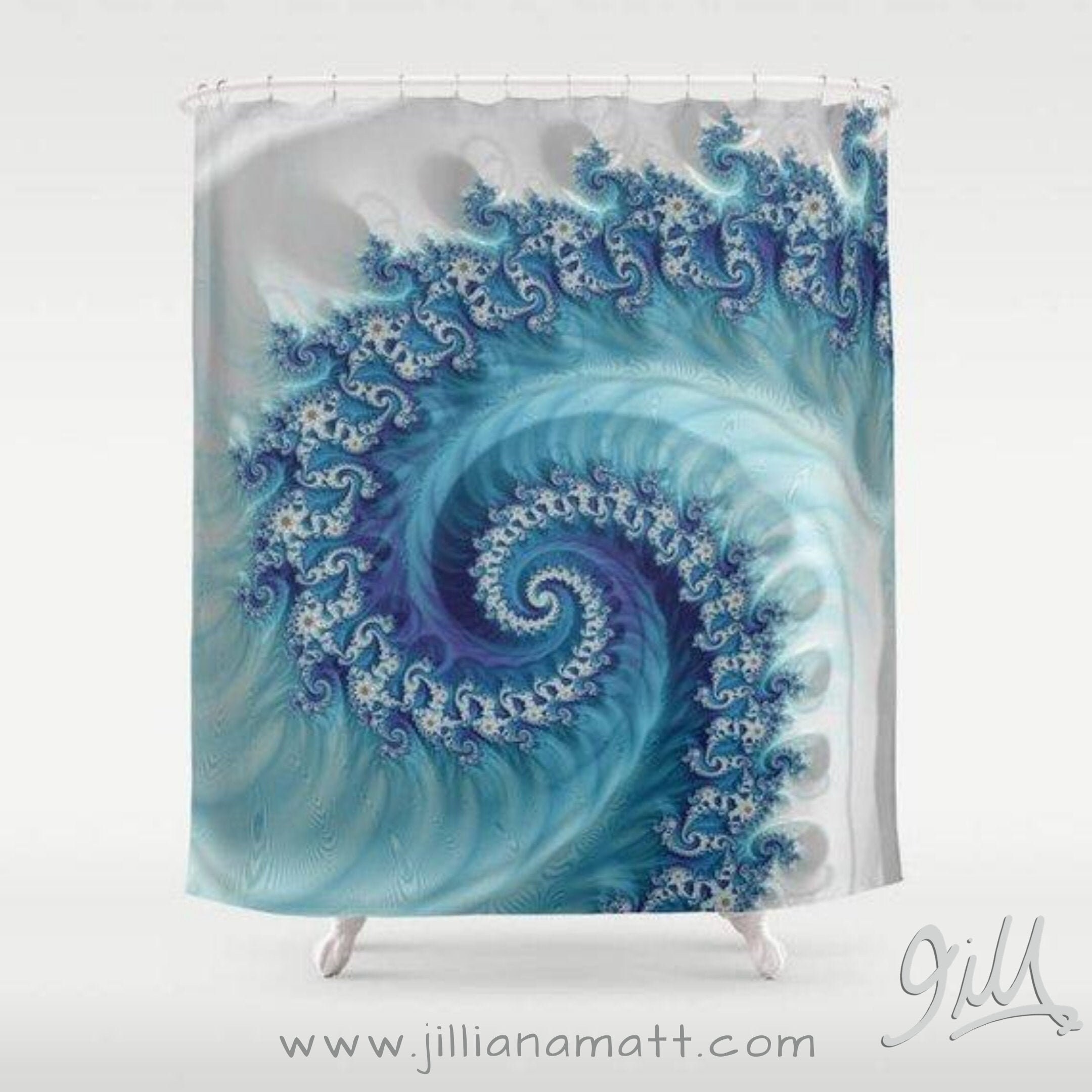 Geometric Design Blue Wave Shower Curtain with White Spiral Pattern - Bathroom Decor