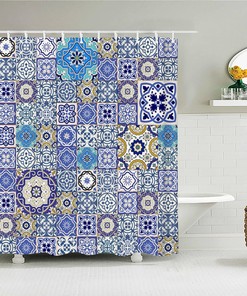 Geometric Floral Mosaic Tile Shower Curtain - Boho Chic Fabric Bathroom Curtain