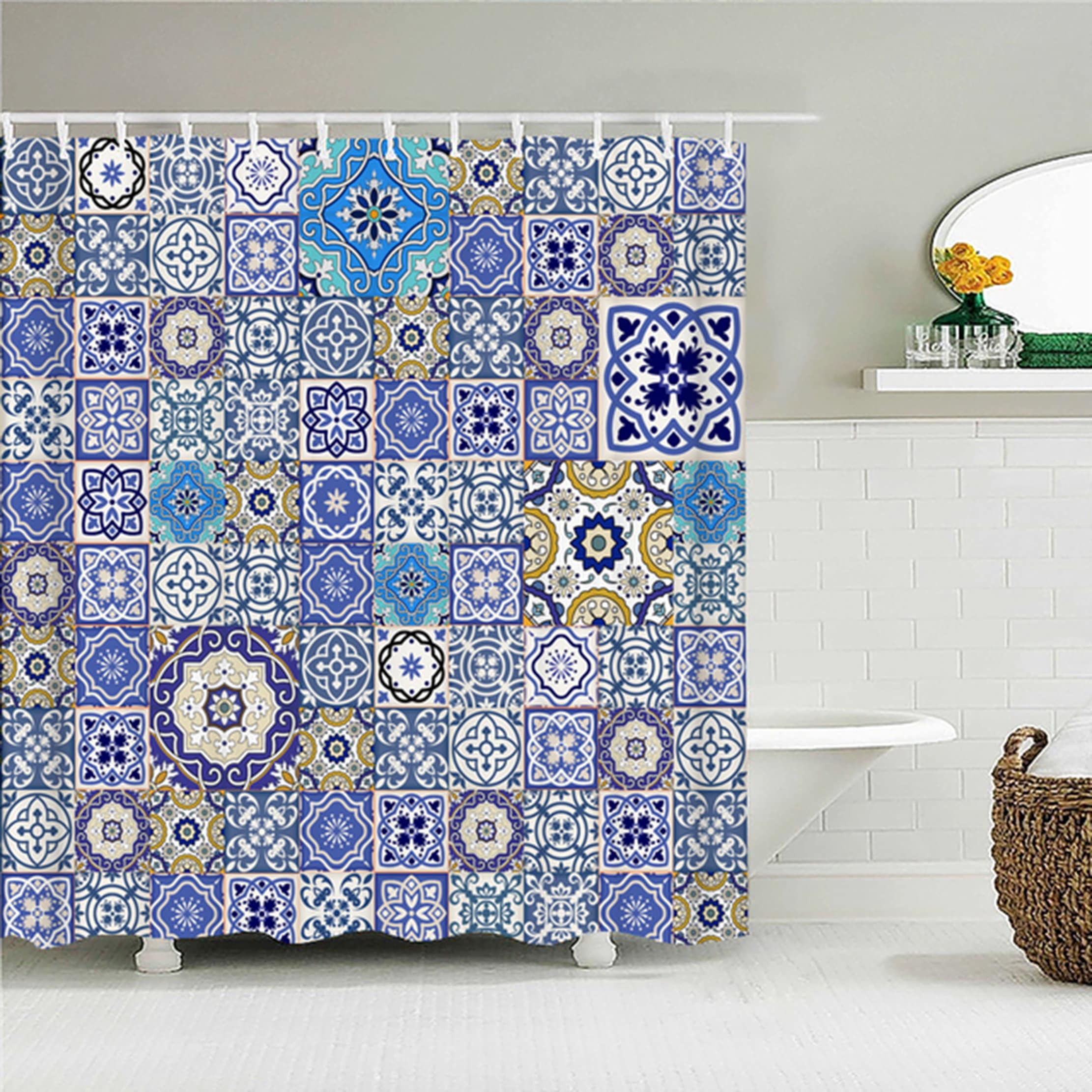 Geometric Floral Mosaic Tile Shower Curtain - Boho Chic Fabric Bathroom Curtain