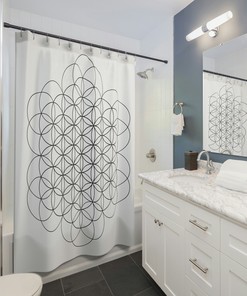 Geometric Flower of Life Black Shower Curtain for Minimalist Bathroom Decor and Sacred Geometry Lovers