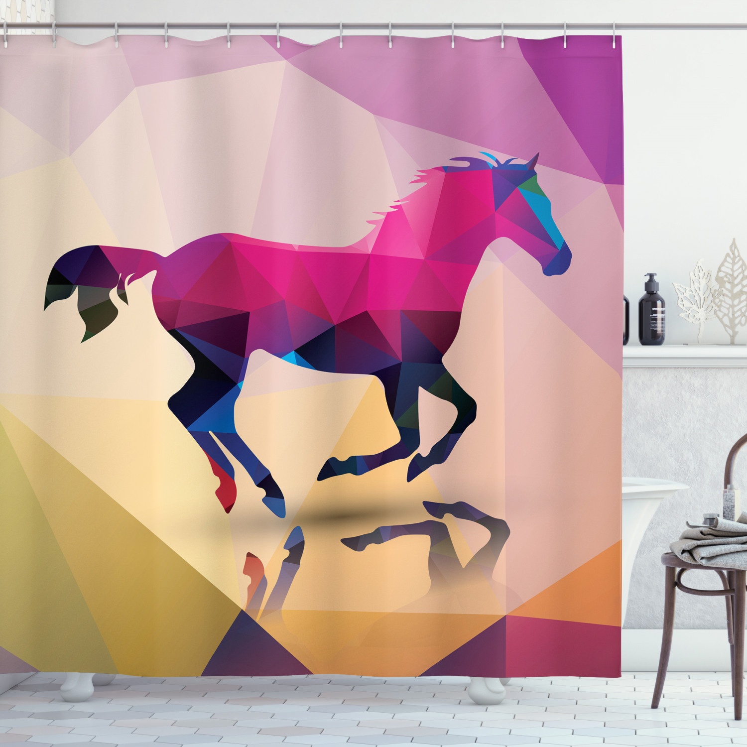 Geometric Horse Animal Print Abstract Shower Curtain for Equestrian Bathroom Decor