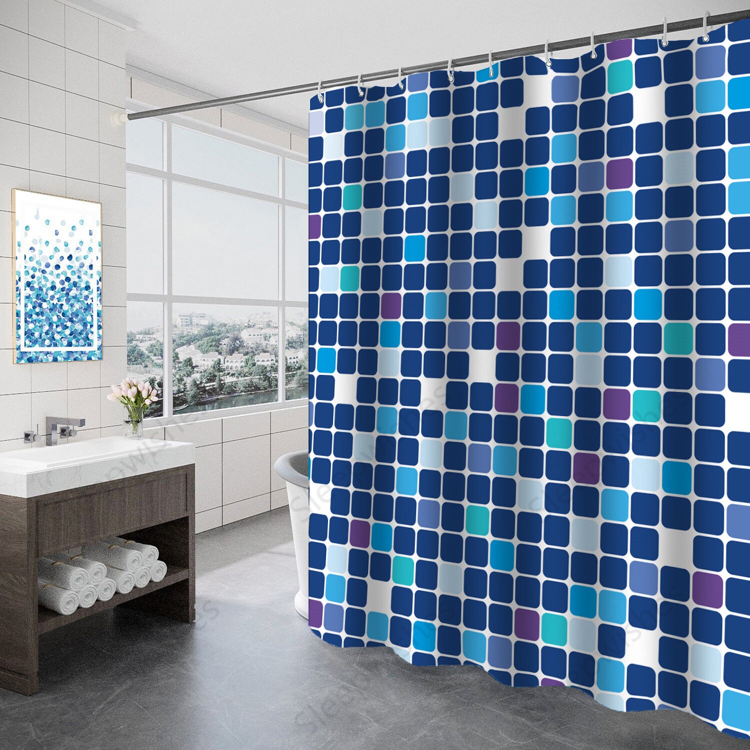 Geometric Mosaic Squares Shower Curtain - Waterproof Bathroom Decor with Multi-size Options