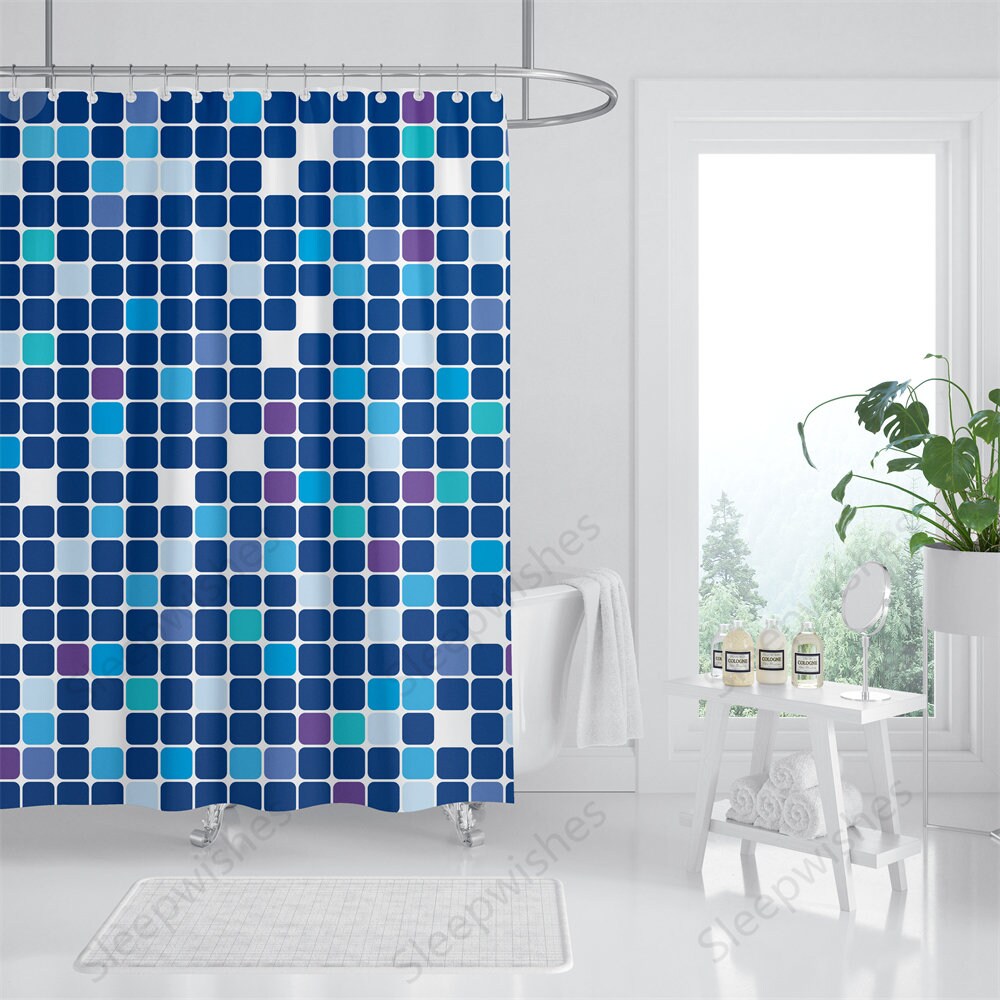 Geometric Mosaic Squares Shower Curtain - Waterproof Bathroom Decor with Multi-size Options