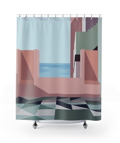 Geometric Pink and Green Boho Shower Curtain for Color Pop Bathroom Decoration