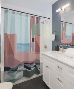 Geometric Pink and Green Boho Shower Curtain for Color Pop Bathroom Decoration