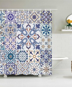 Geometric Square Mosaic Tile Shower Curtain - Boho Chic Fabric Bathroom Curtain for Home Decor