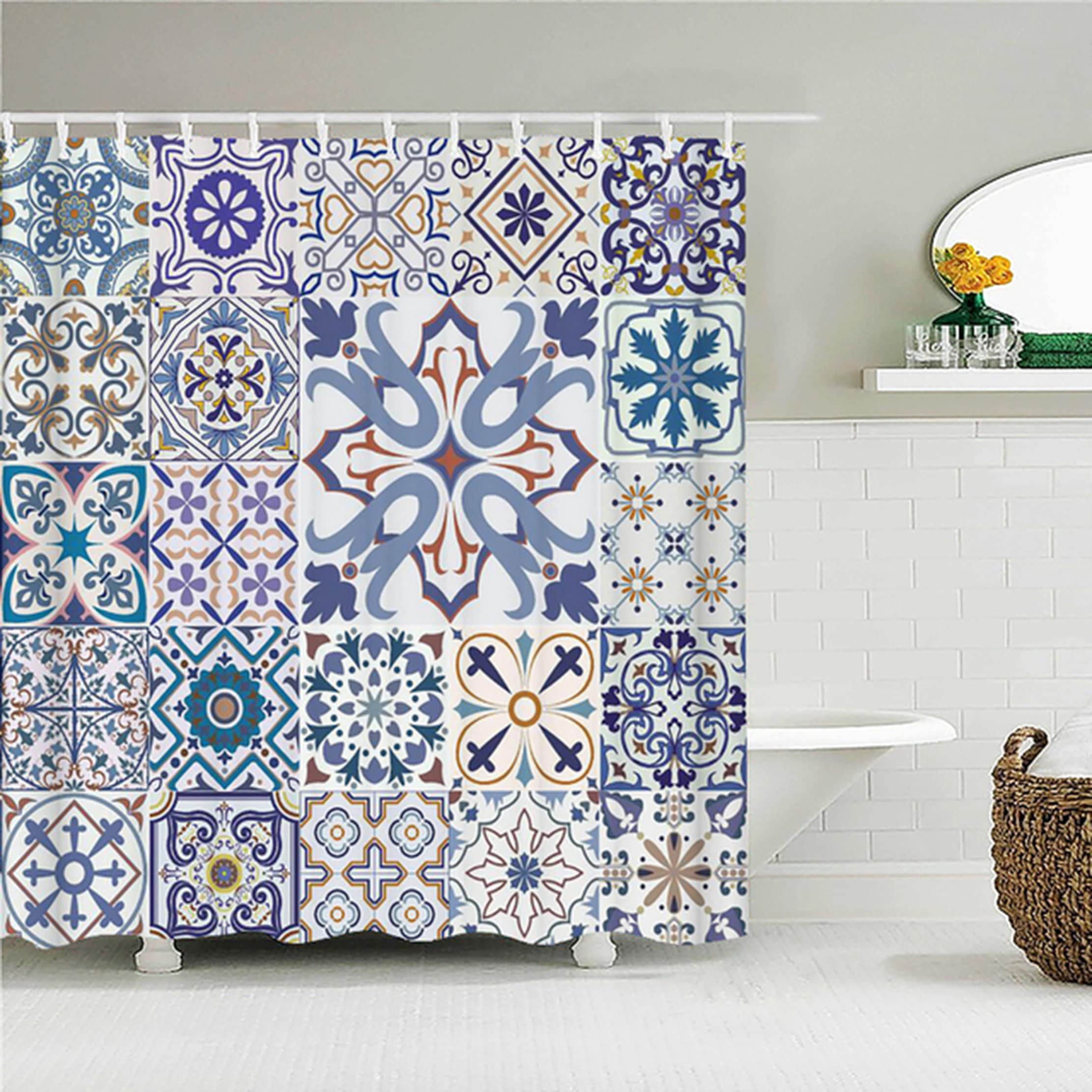 Geometric Square Mosaic Tile Shower Curtain - Boho Chic Fabric Bathroom Curtain for Home Decor