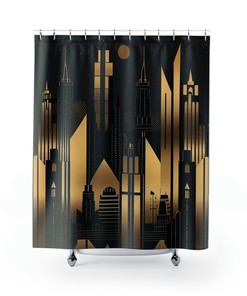 Geometric Tiled City Skyline Shower Curtain - Black and Gold Art Deco Bathroom Decor