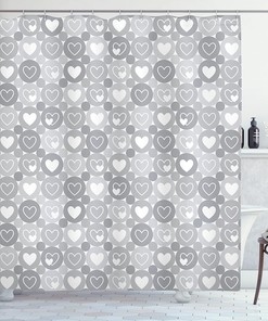 Geometrical Hearts Shower Curtain, Romantic Valentine's Day Pattern for Bathroom Decor, Grey Cloth Fabric