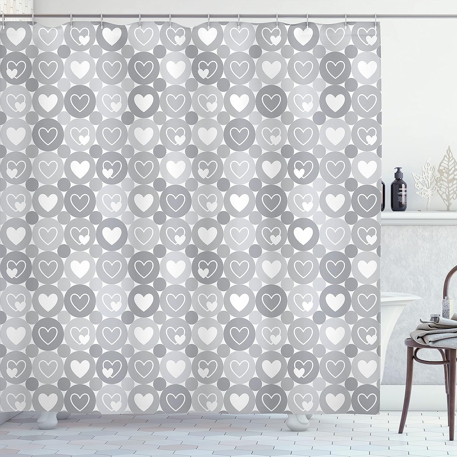 Geometrical Hearts Shower Curtain, Romantic Valentine's Day Pattern for Bathroom Decor, Grey Cloth Fabric