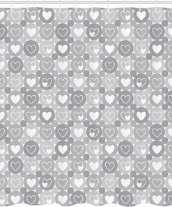Geometrical Hearts Shower Curtain, Romantic Valentine's Day Pattern for Bathroom Decor, Grey Cloth Fabric