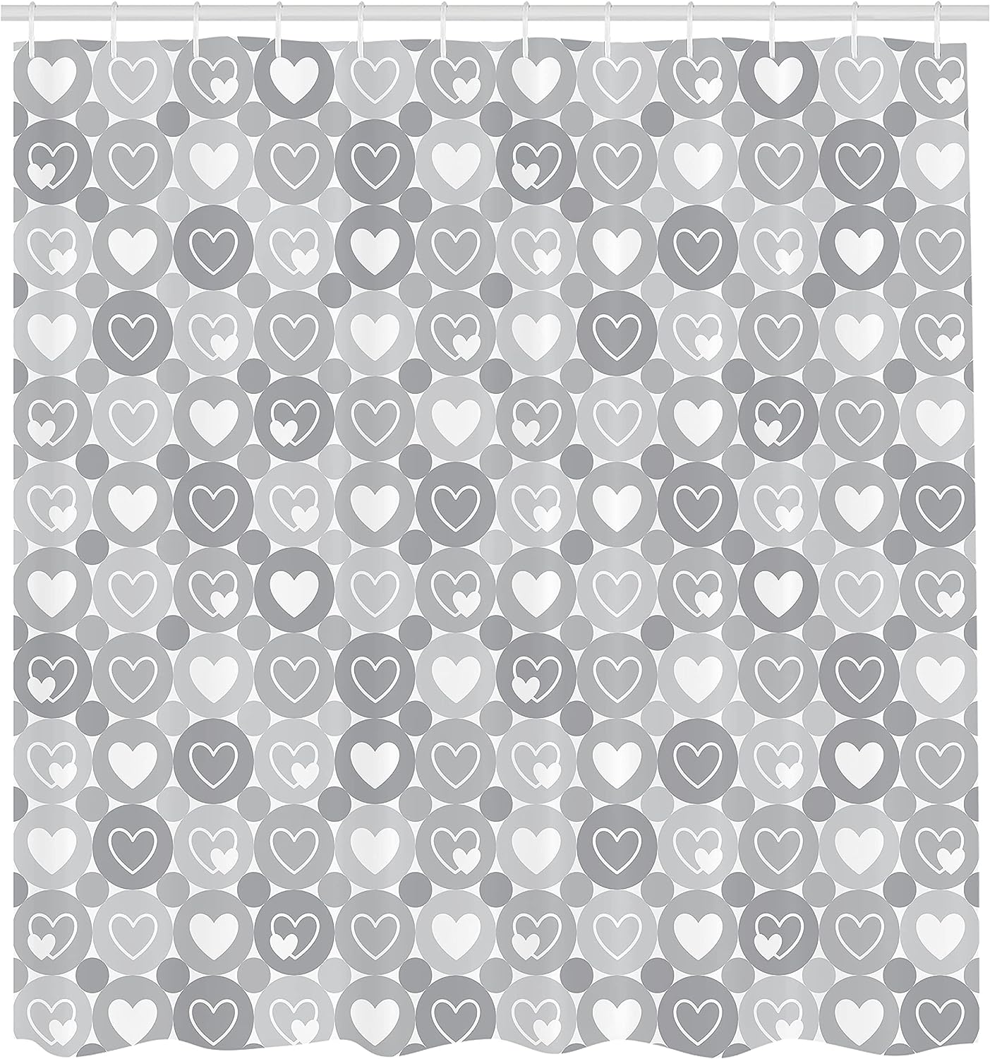 Geometrical Hearts Shower Curtain, Romantic Valentine's Day Pattern for Bathroom Decor, Grey Cloth Fabric