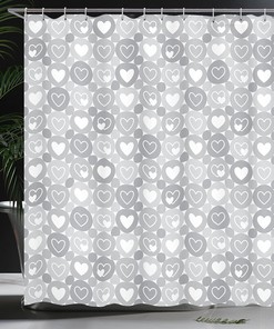 Geometrical Hearts Shower Curtain, Romantic Valentine's Day Pattern for Bathroom Decor, Grey Cloth Fabric