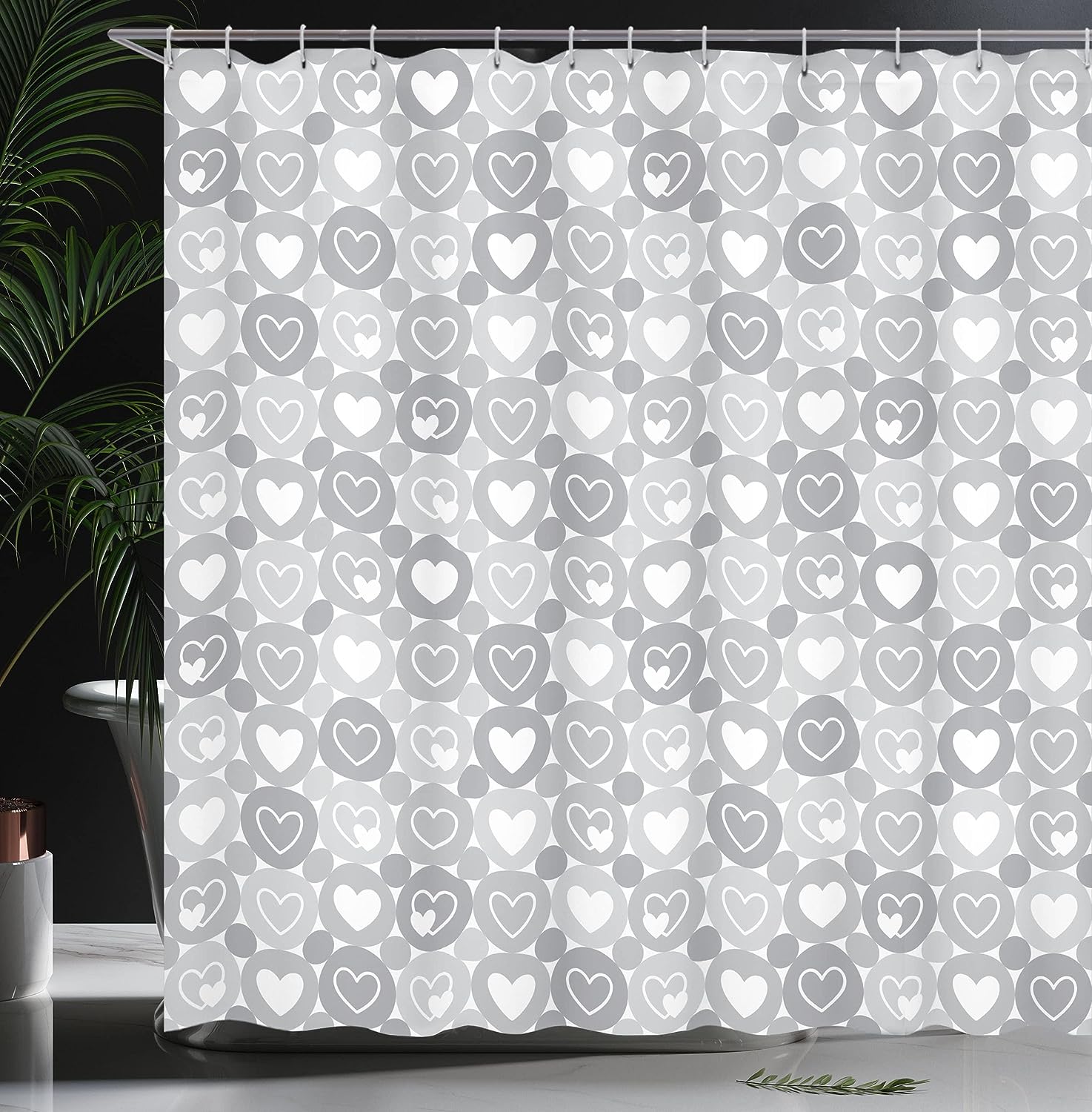 Geometrical Hearts Shower Curtain, Romantic Valentine's Day Pattern for Bathroom Decor, Grey Cloth Fabric