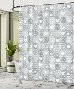 Geometrical Hearts Shower Curtain, Romantic Valentine's Day Pattern for Bathroom Decor, Grey Cloth Fabric