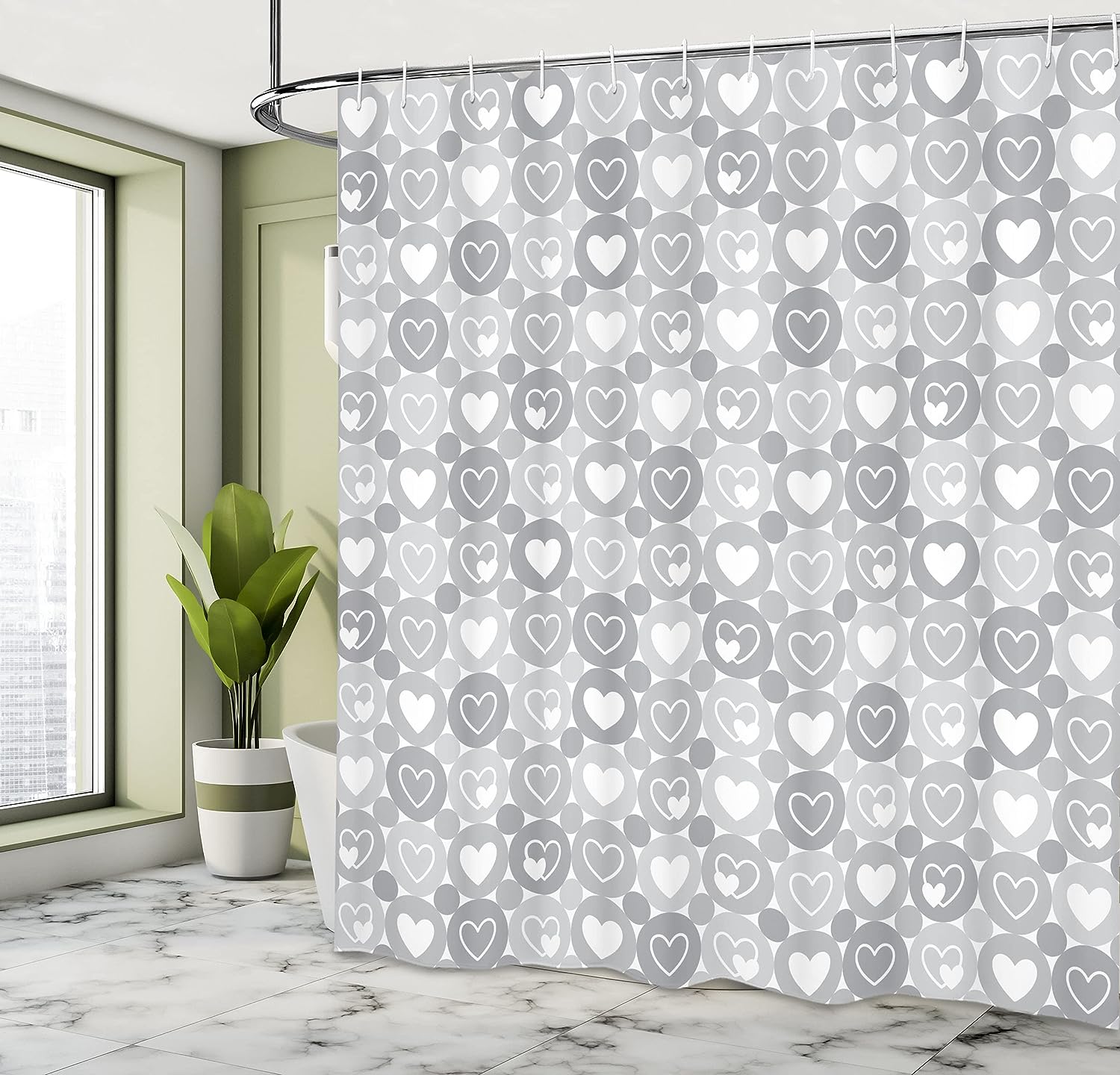 Geometrical Hearts Shower Curtain, Romantic Valentine's Day Pattern for Bathroom Decor, Grey Cloth Fabric