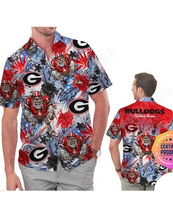 Georgia Bulldogs America Flag Tropical Floral Aloha Hawaiian Shirts Custom Name for Men Women