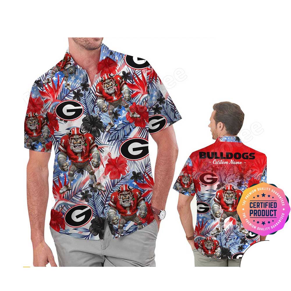 Georgia Bulldogs America Flag Tropical Floral Aloha Hawaiian Shirts Custom Name for Men Women