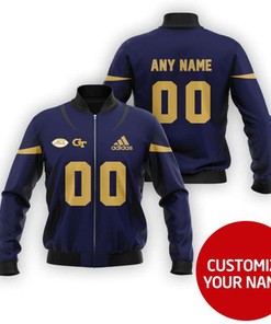 Georgia Tech Yellow Jackets #00 Personalized Blue Jersey Style Gift With Custom Number Name For Georgia Tech Fans Bomber Jacket