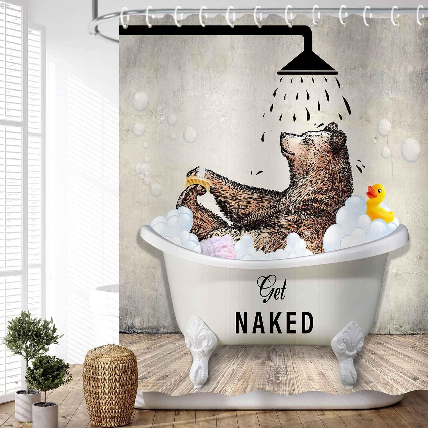 Get Naked Shower Curtain Rustic for Bathroom with Bear Print