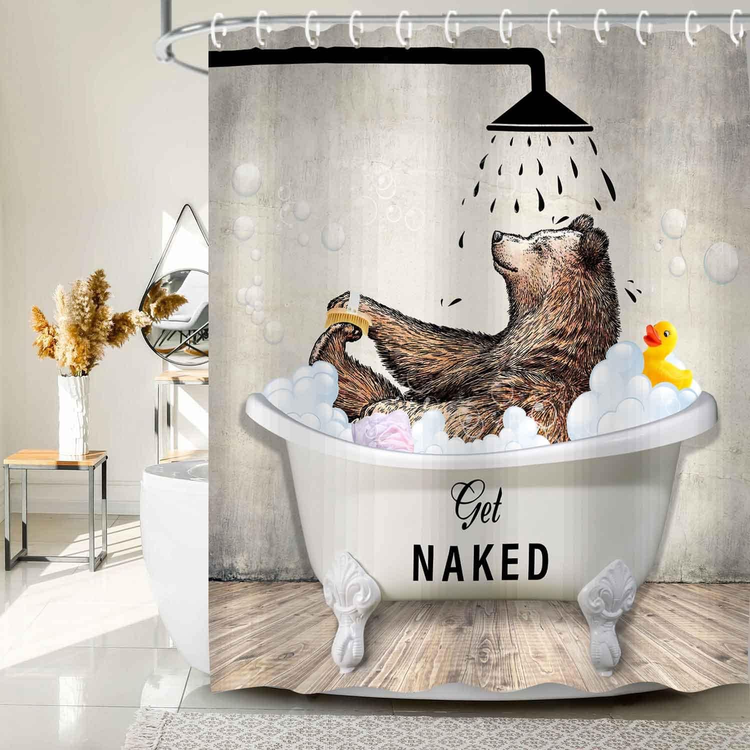 Get Naked Shower Curtain Rustic for Bathroom with Bear Print
