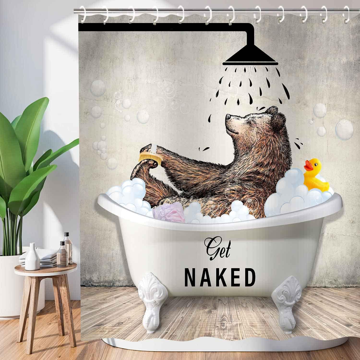 Get Naked Shower Curtain Rustic for Bathroom with Bear Print