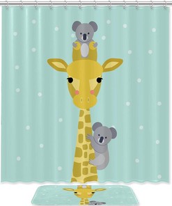 Giraffe Green Koala Shower Curtain with Microfiber Accents - Animal Themed Bathroom Decor