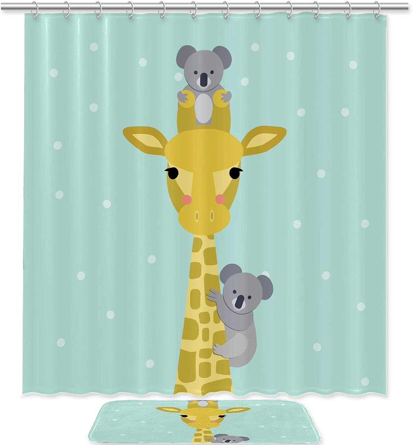 Giraffe Green Koala Shower Curtain with Microfiber Accents - Animal Themed Bathroom Decor