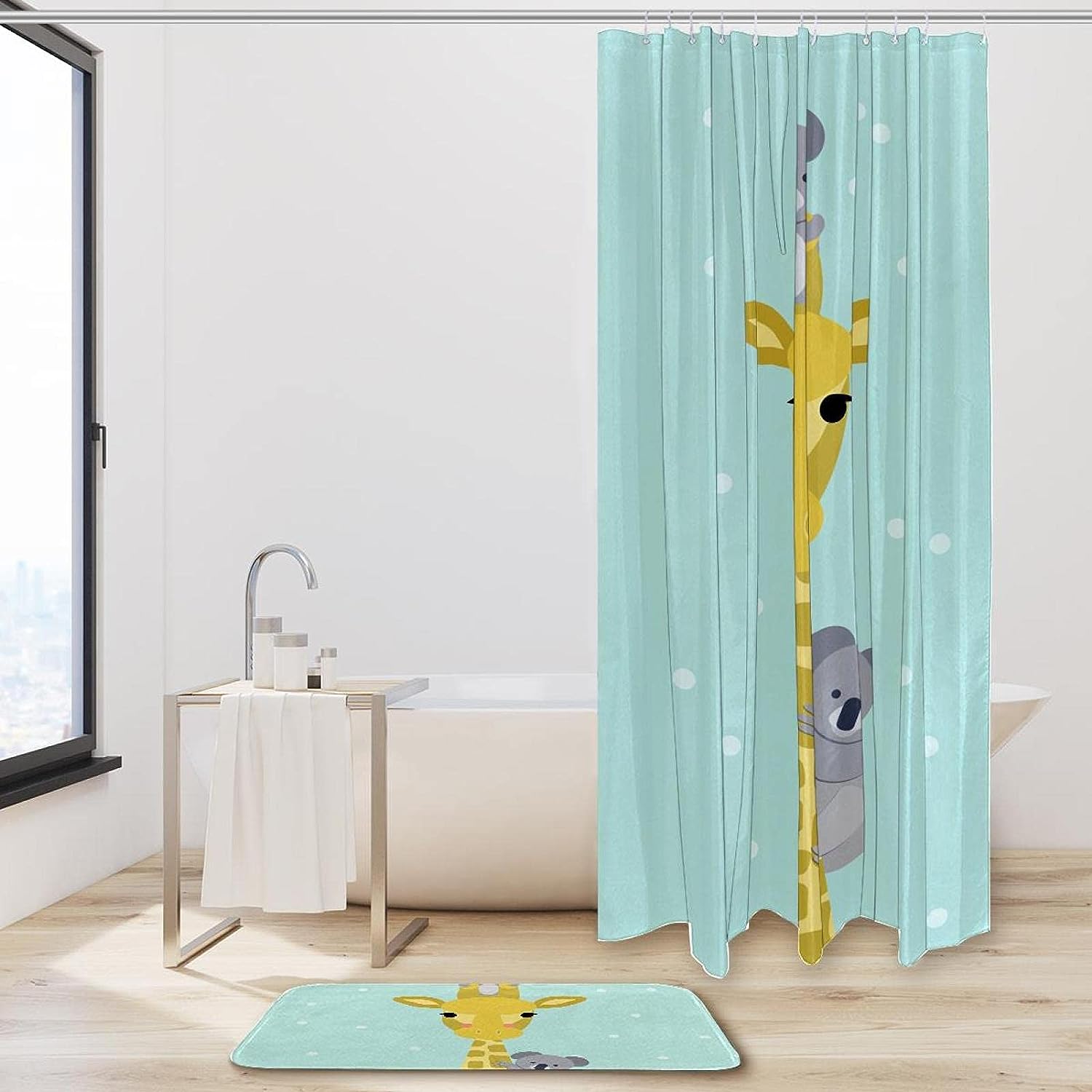 Giraffe Green Koala Shower Curtain with Microfiber Accents - Animal Themed Bathroom Decor