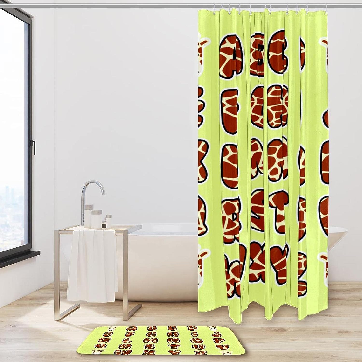 Giraffe Print Shower Curtain with Microfiber Accents - Animal Themed Bathroom Decor