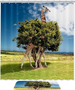 Giraffe Tree Photo Manipulation Shower Curtain with Microfiber Accents - Natural Bathroom Decor