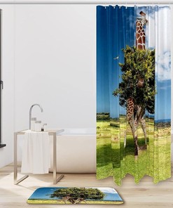 Giraffe Tree Photo Manipulation Shower Curtain with Microfiber Accents - Natural Bathroom Decor