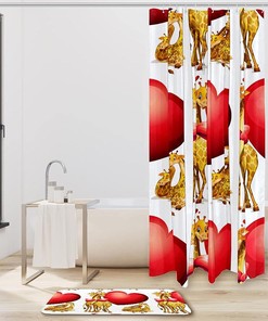 Giraffes with Hearts Waterproof Shower Curtain for Romantic Bathroom Decor