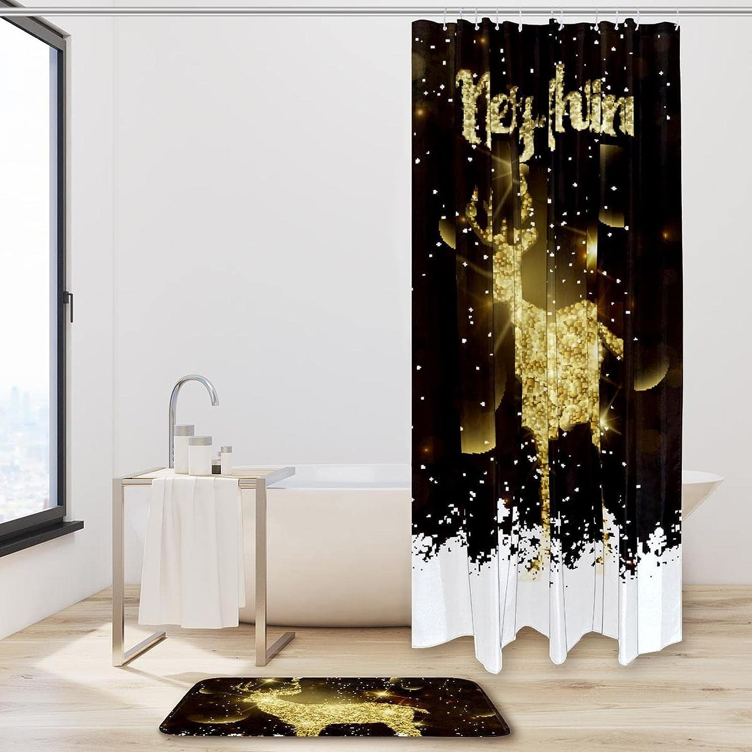 Glittery Deer Elk Background Printing Waterproof Shower Curtain