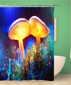 Glowing Mushroom Fantasy Dark Forest Macro Shower Curtain, Waterproof Fabric, Bathroom Decor