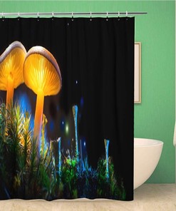 Glowing Mushroom Fantasy Dark Forest Macro Shower Curtain, Waterproof Fabric, Home and Bathroom Decor