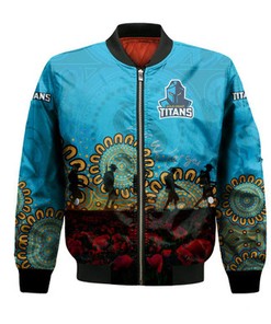Gold Coast Titans Bomber Jacket Aboriginal Rugby Anzac Day Poppy With Soldiers- NRL