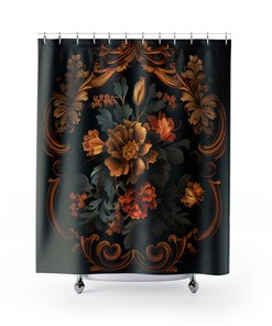 Gold Tone Floral Shower Curtain for Baroque Bathroom Decor 