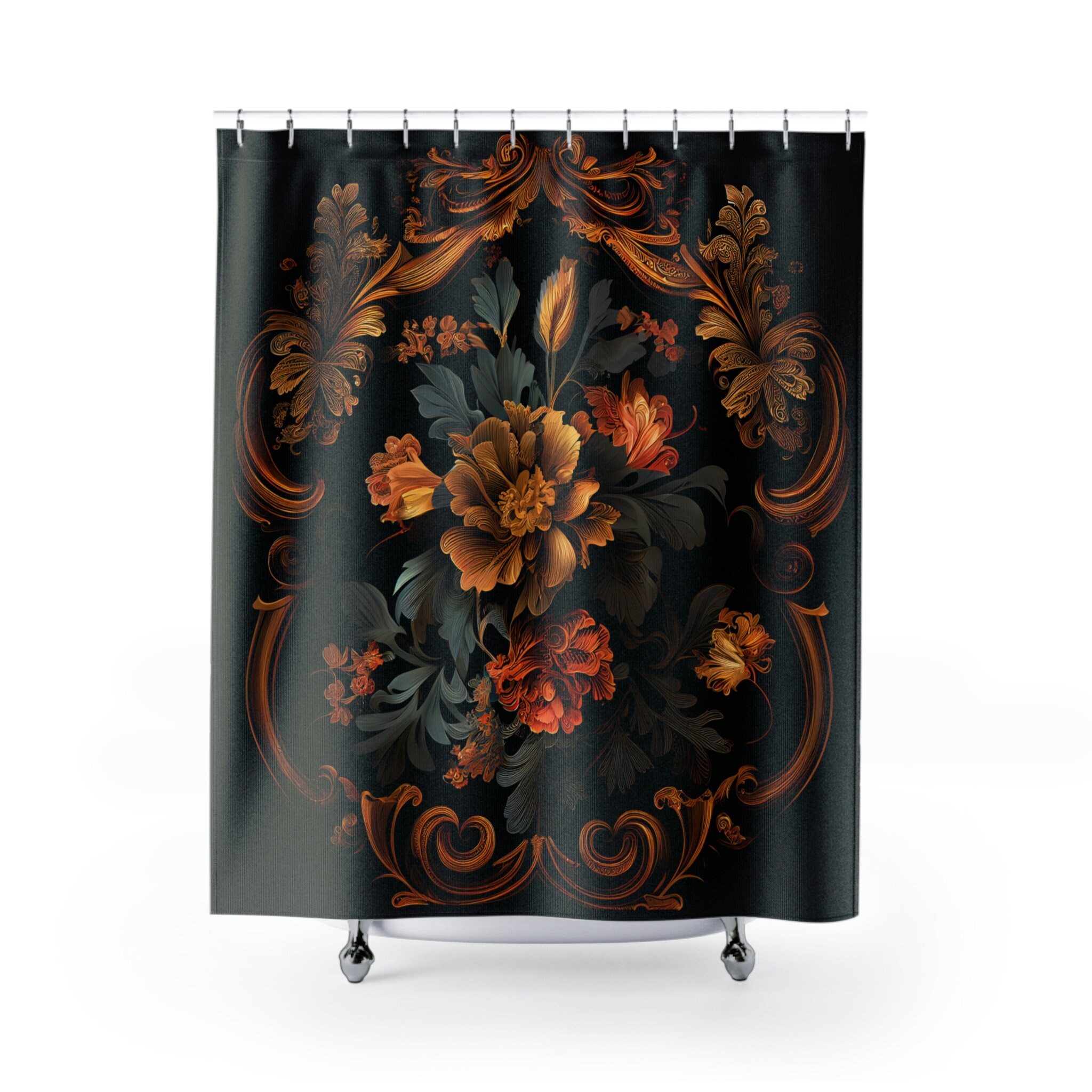 Gold Tone Floral Shower Curtain for Baroque Bathroom Decor