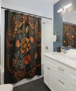 Gold Tone Floral Shower Curtain for Baroque Bathroom Decor