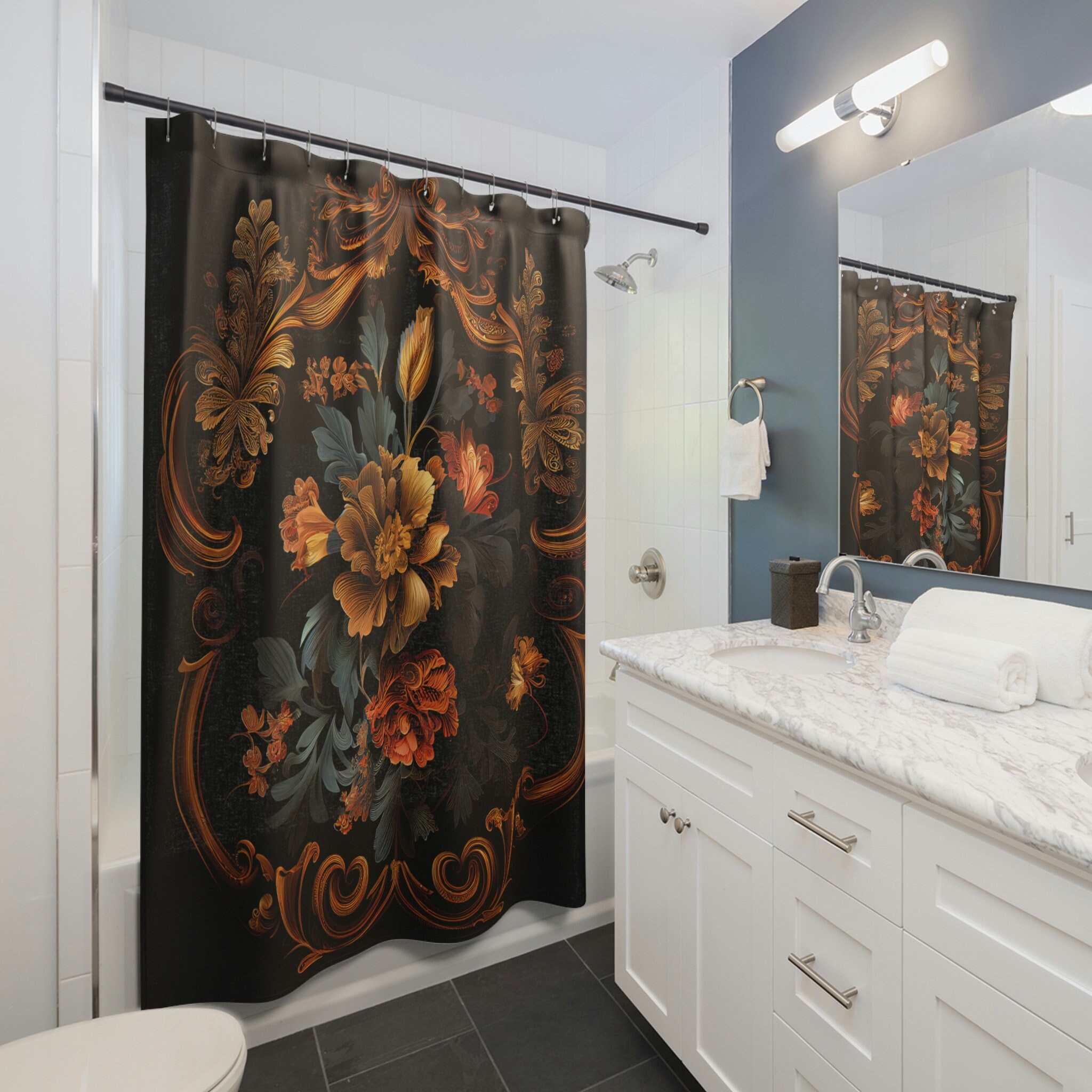 Gold Tone Floral Shower Curtain for Baroque Bathroom Decor