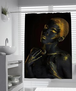 Golden Black Art African American Girl Shower Curtain - 3D Printing Quick Drying Fabric Bath Decor