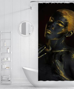 Golden Black Art African American Girl Shower Curtain - 3D Printing Quick Drying Fabric Bath Decor