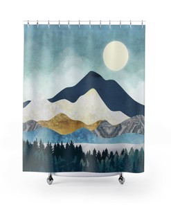 Golden Blue Abstract Landscape Boho Moon Shower Curtain for Contemporary Art 