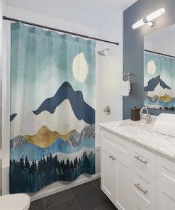 Golden Blue Abstract Landscape Boho Moon Shower Curtain for Contemporary Art