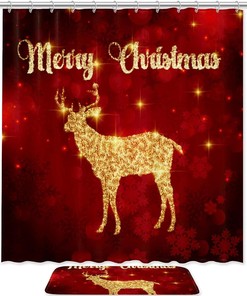 Golden Elk Christmas Deer Waterproof Shower Curtain for Festive Bathroom Decor