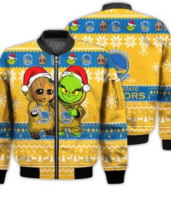 Golden State Warriors Baby Groot And Grinch Best Friends Football American Ugly Christmas Sweater Gifts Unisex 3D Bomber Jacket