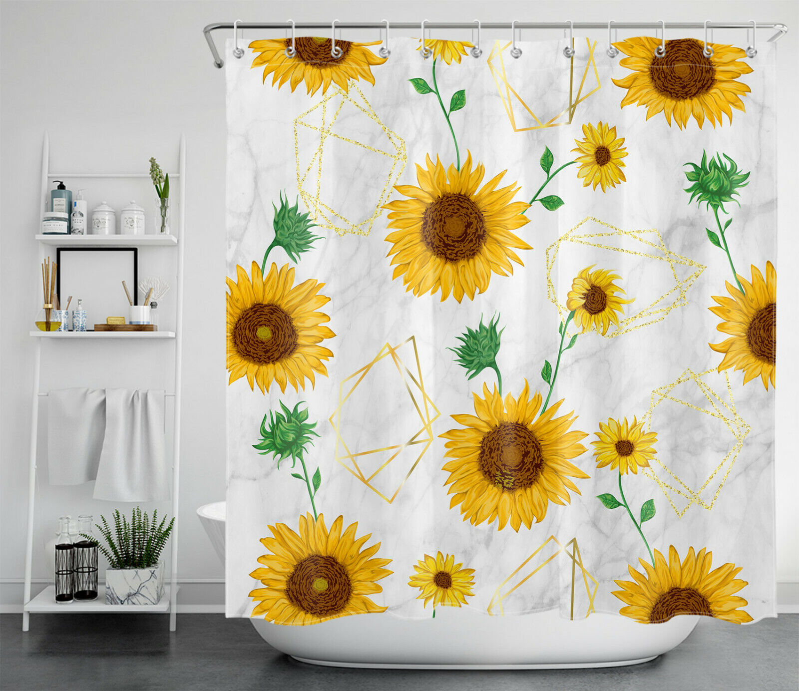 Golden Sunflower Shower Curtain Geometric Pattern Bathroom Decor