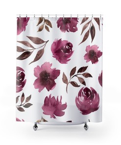Gorgeous Mauve Pink Roses and White Boho Shower Curtain with Watercolor Effect