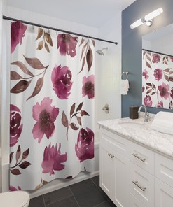 Gorgeous Mauve Pink Roses and White Boho Shower Curtain with Watercolor Effect